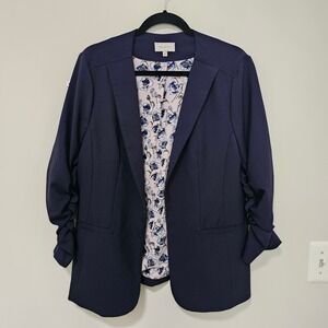 Skies Are‎ Blue Women Navy Blue Floral Lined Ruched Sleeve Knit Blazer Jacket XL
